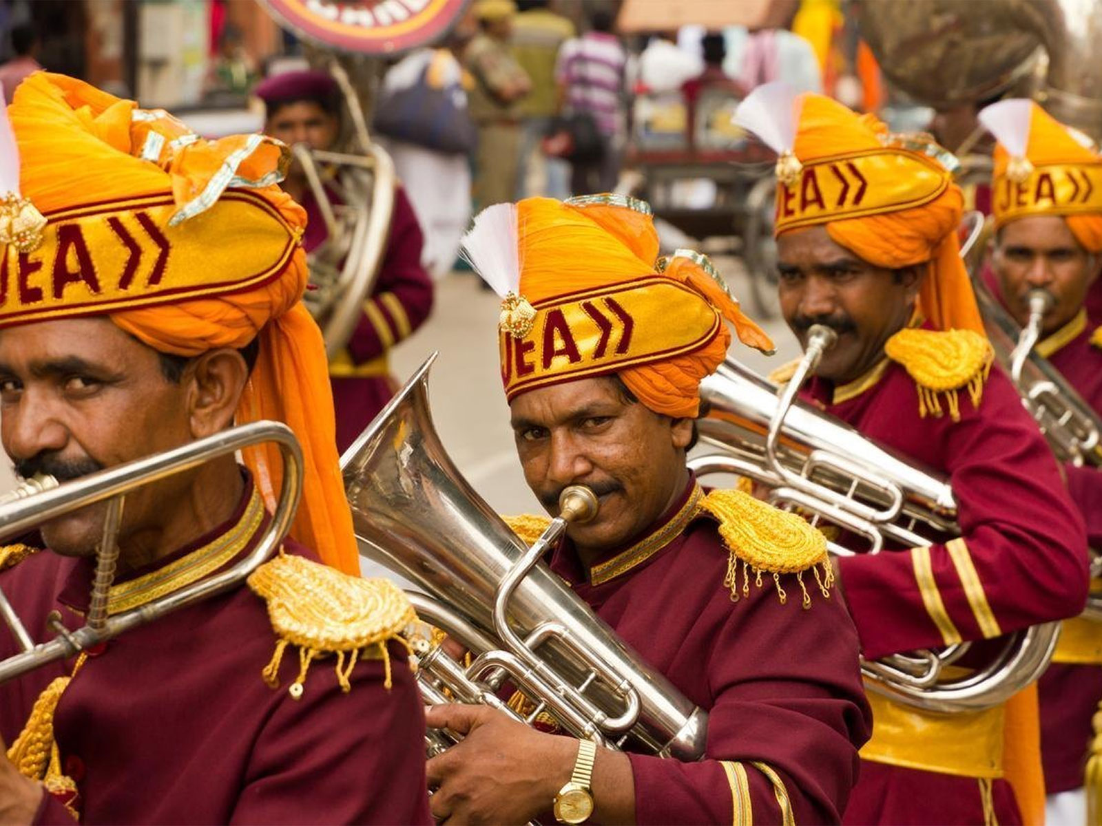 Brass band performers in traditional attire